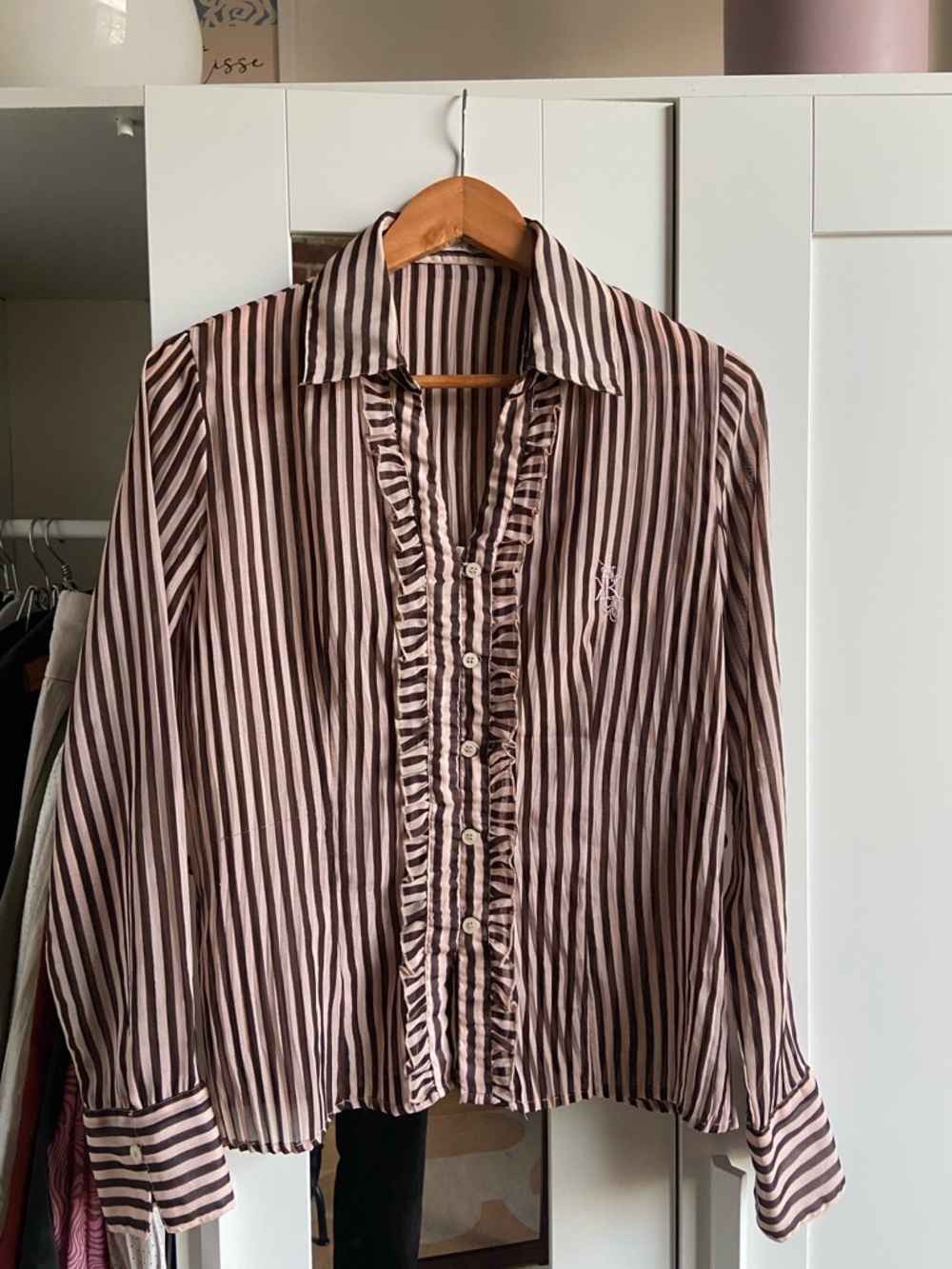 Vintage Striped Ruffle Button-Down Blouse in Light Pink and Brown